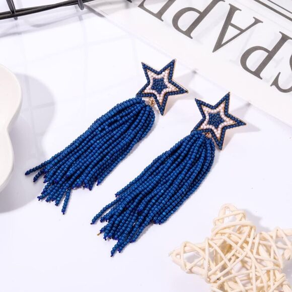 Yellow Gold and Blue White Beaded Star Tassel Fringe Dangling Boho Post Earrings - Picture 2 of 7